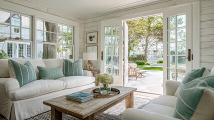 Stunning photo of coastal and relaxing Hamptons sunroom featuring whitewashed shiplap walls and French doors, interior design and decor.