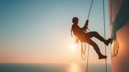 Silhouette Rope Access Engineer Rappelling on Orange Wall at Sunset over Ocean