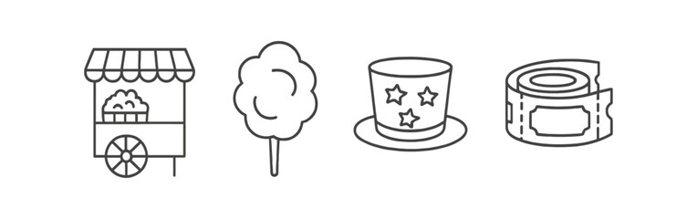 Carnival and fair outline icon set. cotton candy, games, tickets in linear style