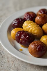 Assorted Traditional Indian Sweets with a Shiny Glaze, Arranged on a White Plate