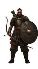 Fototapeta premium Warrior With Bow And Shield Isolated Photo Dark Background Portrait Illustration