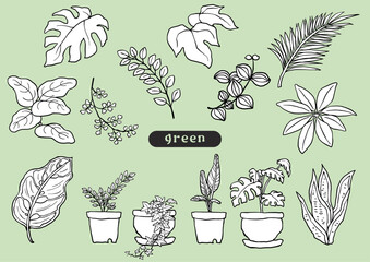手描き風の観葉植物モノクロセット