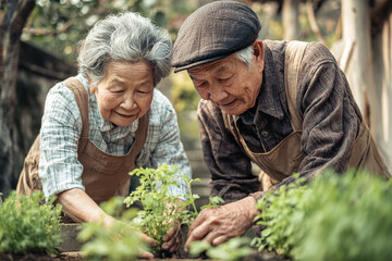 Elderly couple plants seedlings in garden. Depicts family, love, nature, and health. Useful for marketing, editorial, web design.