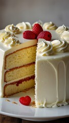 Beautifully Sliced Vanilla Layer Cake with White Frosting, Topped with Fresh Raspberries, Revealing Moist Layers