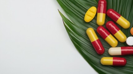 Assorted colorful medicine capsules on green leaf