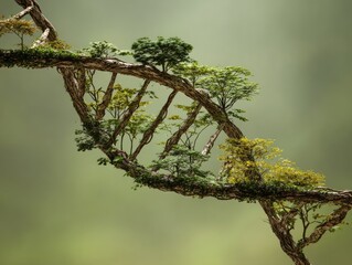 Surreal DNA Helix with Growing Trees and Lush Greenery in Nature-Inspired Composition