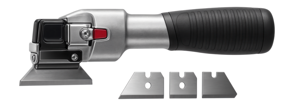 Electric tile scraper with an interchangeable blade set for versatile floor stripping applications.