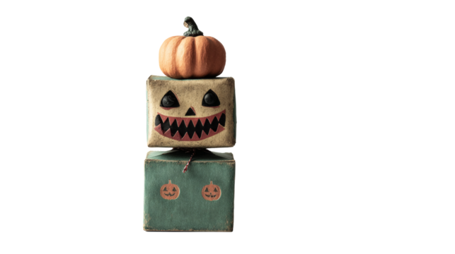 A creative Halloween decoration featuring a stacked paper jack-o'-lantern with a pumpkin on top.