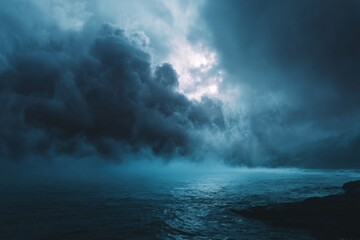 Fototapeta premium Stunning photo of horror black blue sky, sea haunted cloud, scary ocean, depression background, mystery gloomy dark theme, blur texture.