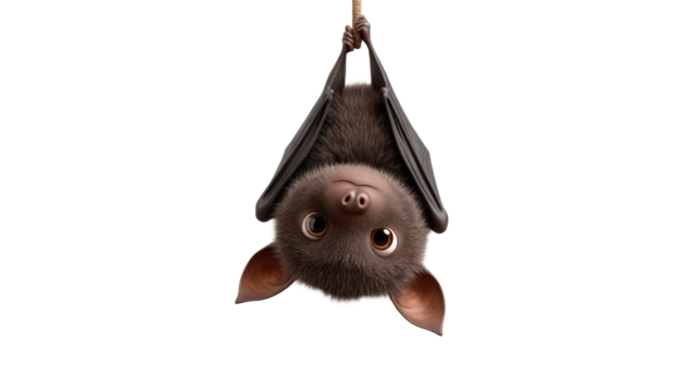 A cartoon bat with big eyes hangs upside down against a dark background.