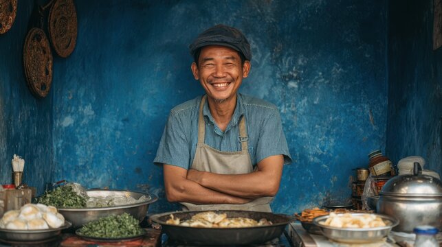 A street vendor showcases his culinary skills in a bright cooking stall filled with colorful dishes. He smiles warmly while promoting his offerings amid a lively market atmosphere