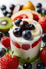 Vibrant Yogurt Parfait Layered with Fresh Strawberries and Kiwi, Topped with Juicy Blueberries and Banana Slices