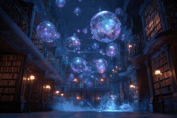 A room with a lot of books and a bunch of balloons