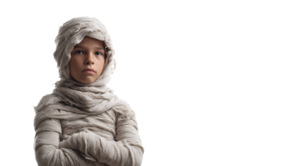 A young boy in a mummy costume poses against a dark backdrop, looking serious.