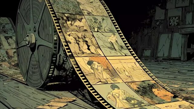 Vintage Film Reel with Illustrated Frames on Abandoned Wooden Floor