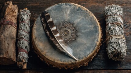 A ceremonial drum showcases intricate designs, surrounded by bundles of sage and a decorative feather. The composition reflects cultural significance and tradition in a rustic setting