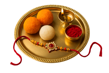 Traditional Raksha Bandhan Puja Thali with Sweets, Diya, and Decorative Rakhi on Golden Plate