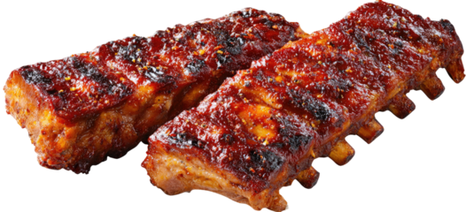 Two slabs of BBQ ribs, glistening with a rich sauce, are presented against a black backdrop