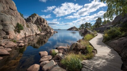 Fototapeta premium A wooden pathway extends along a serene lake, bordered by impressive rocky cliffs and green trees under a bright, blue sky with scattered clouds