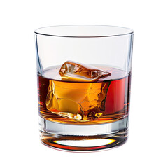 A glass of amber-colored liquor with ice