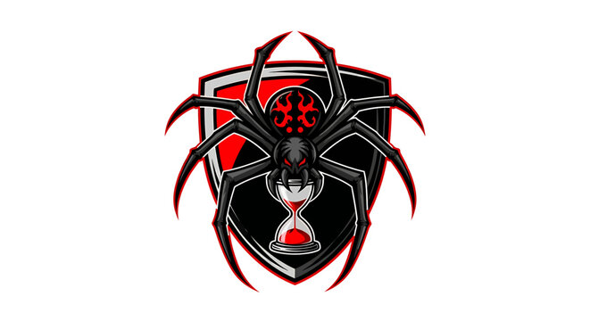Black widow spider sports team logo with shield shape and glowing red hourglass