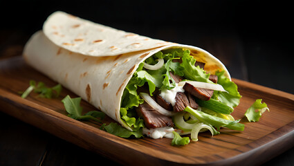Beef and lettuce wrap with white sauce on wooden tray