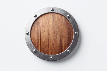 wooden shield with iron rim clean texture centered on white background with shadow