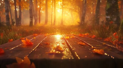 Autumnal wooden walkway in forest