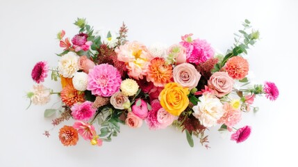 A vibrant flower arrangement with pink dahlias, soft peach roses, yellow marigolds, white chrysanthemums,