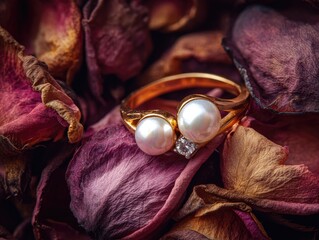 Gold Ring with Pearls and Diamond on Dried Rose Petals

