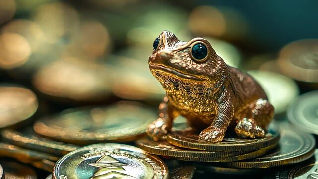 frog sitting on coins. Selective focus. business.