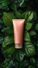 Fototapeta premium Natural beauty product tube nestled amongst lush green leaves