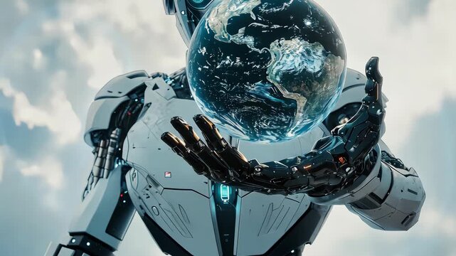 planet in robot hands. Selective focus. science.