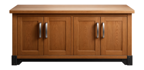 Heavy-duty wooden station cabinet with a flat top surface for additional workspace in a garage.