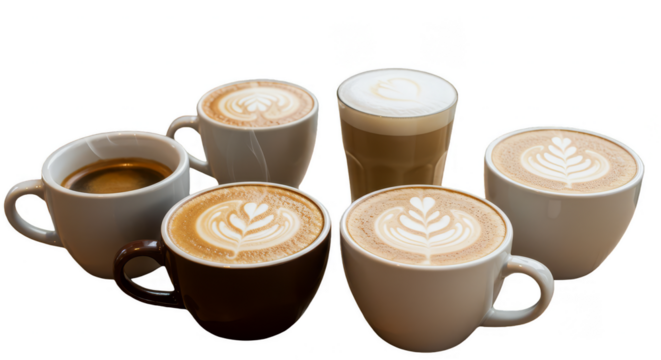 Variety of Coffee Drinks on Transparent Background