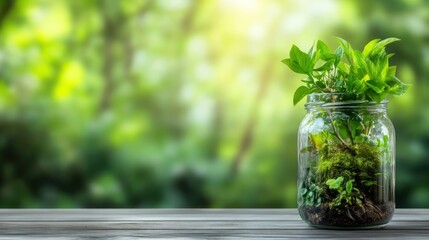 Miniature green garden in glass jar