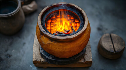 A burning charcoal brazier in a clay pot, on a wooden base. 