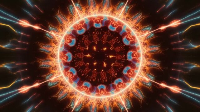 Stunning Orange Blue Energy Mandala Abstract Looping Animation 4 K Ultra H D Download High Resolution Vibrant Colors Psychedelic Visuals Perfect for Music Videos V J Sets