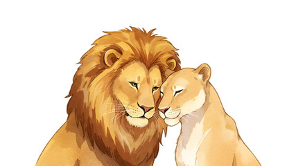 Obraz premium Watercolor Illustration Of Lion Couple In Love On Transparent Background