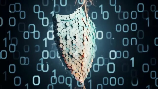 Dynamic digital shield protects data stream with futuristic hexagonal pattern and glowing energy