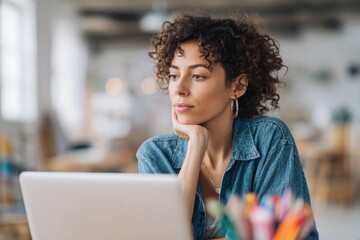 modern workspace showcases budding graphic designer absorbed in learning on sleek laptop placed amid stylish minimalist