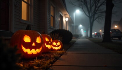 Obraz premium Three Jack-o'-Lanterns with carved spooky faces glowing on a porch in a suburban neighborhood on a foggy autumn night, illuminated by the soft light emanating from within.