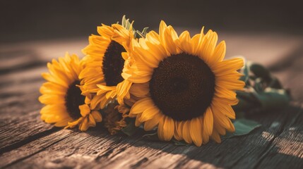 Three vibrant yellow sunflowers with dark brown centers rest on a rustic wooden surface,