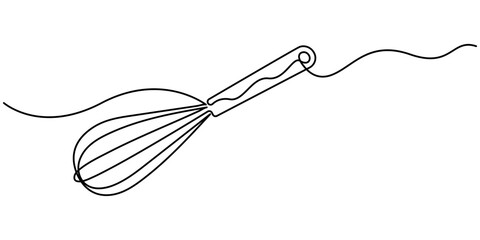 Balloon Whisk continuous one line drawing illustration. Whisk Continuous Line Art, Cooking whisk one line continuous drawing. One line ff kitchen tool balloon whisk. Editable Stroke