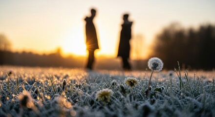 Two people standing in a field at sunrise