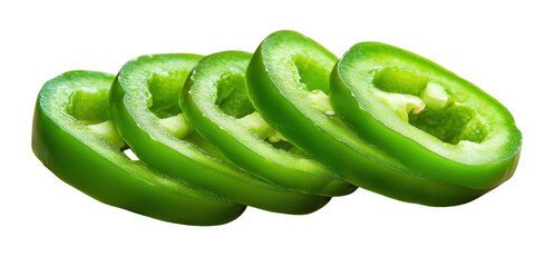 Sliced green pepper rings close up on transparent png background