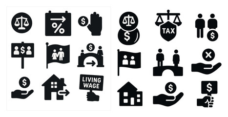 Collection of black and white icons that represent various concepts related to money and finance. The icons include a house, a bridge, a sign, a flag, a hand, and a person