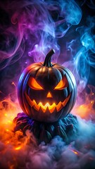 Eerie jack-o'-lantern glowing in colorful smoke, perfect for Halloween designs and spooky season promotions