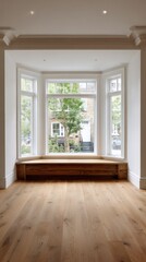 Stunning photo of natural light fills an empty room with light oak flooring and white walls. A large bay window features a cozy wooden seat, creating a warm and inviting.