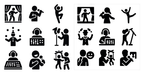 Collection of black and white icons depicting various activities related to music and entertainment. The icons include a DJ, a singer, a dancer, a microphone, and a stage